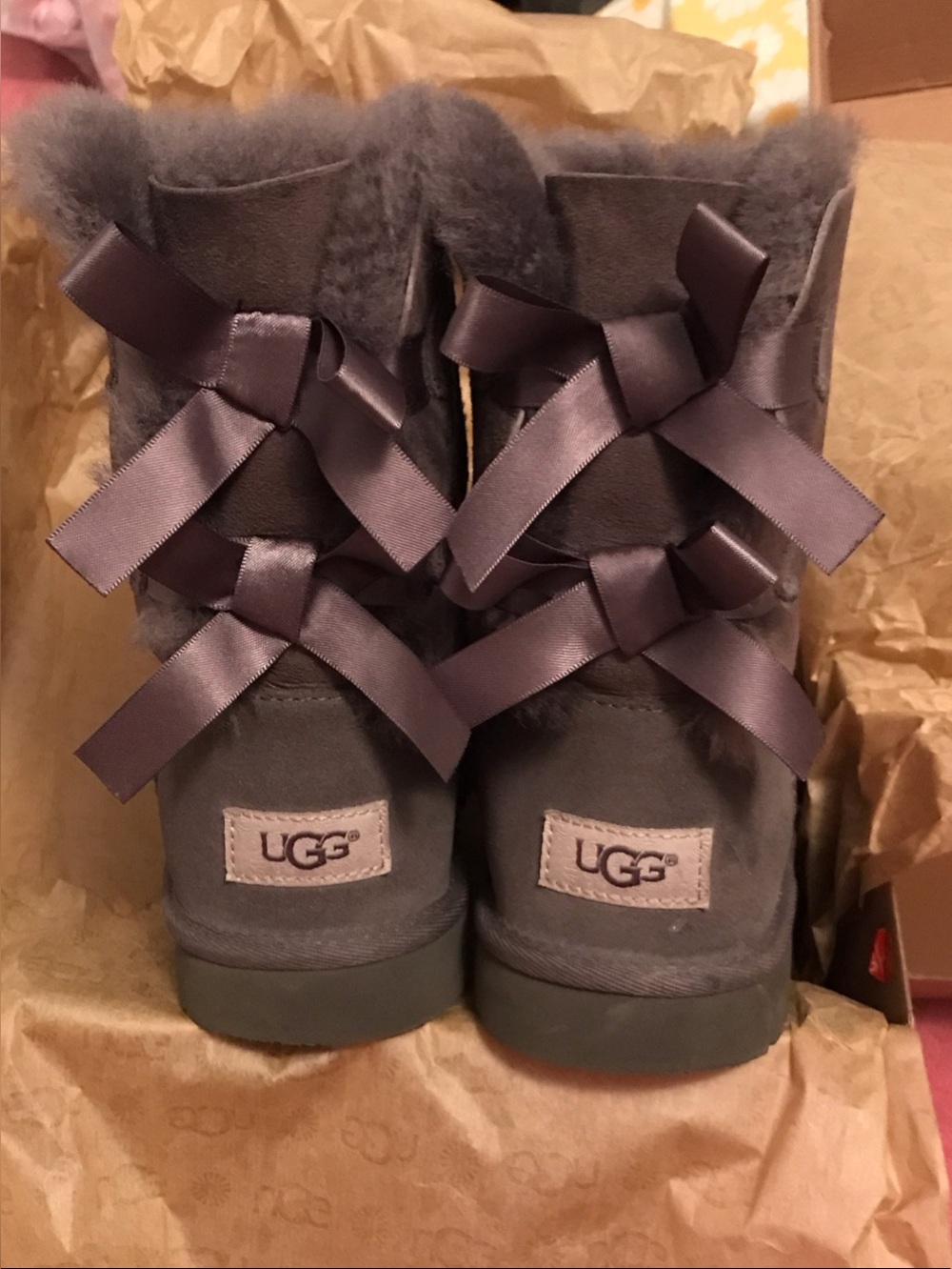 UGG Gray Suede Boots with ribbons